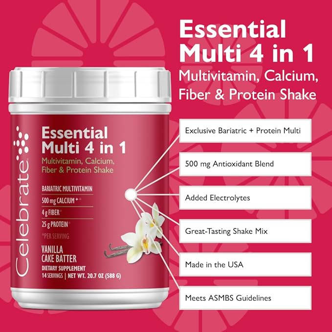 Celebrate Vitamins 4-in-1 Bariatric Multivitamin with Calcium Citrate Protein Shake 500mg Calcium for Post Bariatric Surgery Vanilla Cake Batter 14 Servings