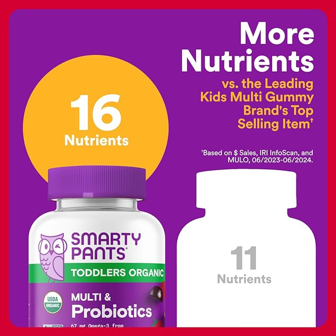 SmartyPants Organic Toddler Multivitamin Gummies: ProbioticsOmega 3 (ALA)Vitamin D3CVitamin B12B6AK&ampZincBeta CaroteneGluten FreeThree Fruit Flavors (30 Day Supply)60 Count (Pack of 2)