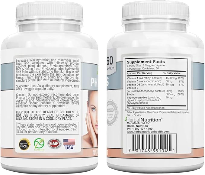 Phytoceramides Rice Based with Biotin Anti Aging Supplement Wrinkle Remover and Facial Moisturizing with Phytoceramides Vitamin A C D and E Two Bottle Pack 120 Capsules 40mg Gluten Free