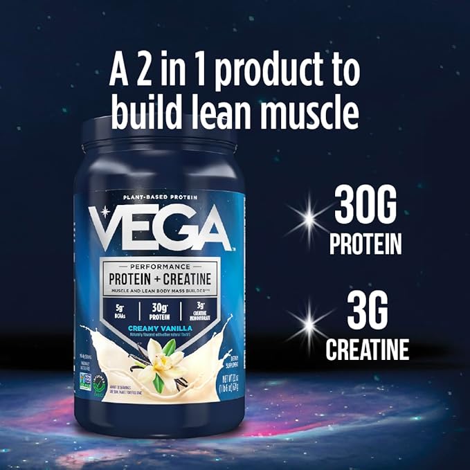 Vega Protein + Creatine - 30g Plant-Based Protein Vanilla 20 Servings 3g Creatine 5g BCAAs Vegan Keto Gluten Free Dairy Free Low Carb for Muscle Growth &amp Repair Drink Mix 33.9oz