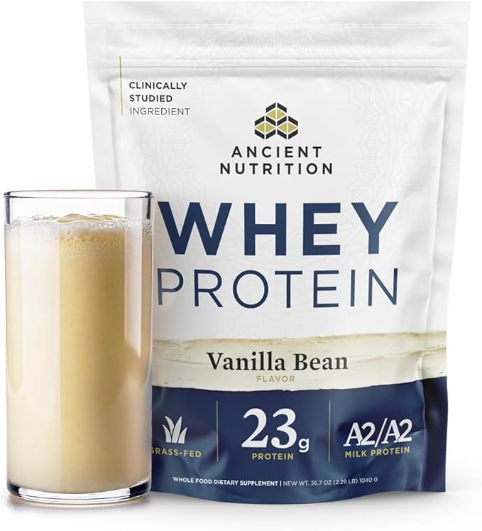 Ancient Nutrition Grass Fed Whey Protein 23g Protein Hydrolyzed Collagen Peptides Organic Regenerative A2/A2 Milk Protein (35 Servings Vanilla Bean)