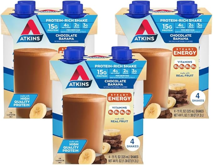 Atkins Vanilla Cream Meal Size Protein Shake 23g Protein &amp Chocolate Banana Protein Shake 15g Protein Low Glycemic 4g Net Carb 2g Sugar Keto Friendly 12 Count