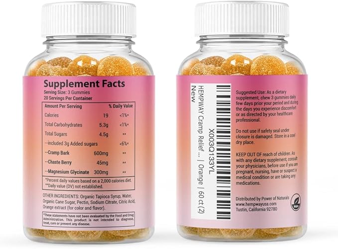 Menstrual Gummies for Women May Help Support Bloating Period Relief | Plant-Based | Cramp Bark Magnesium Chaste Berry | Vegan | Orange 60ct