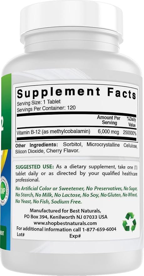 Best Naturals Vitamin B-12 as Methylcobalamin (Methyl B12) 6000 mcg 120 Sublingual Tablets (120 Count (Pack of 2))