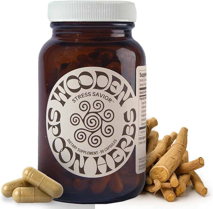 Wooden Spoon Herbs Stress Savior | Stress Relief Supplement | 7 Herb Complex with Ashwagandha Cordyceps &amp Ginseng | Relaxation Mood Support &amp Energy Boost | Gluten-Free Non-GMO Vegan | (