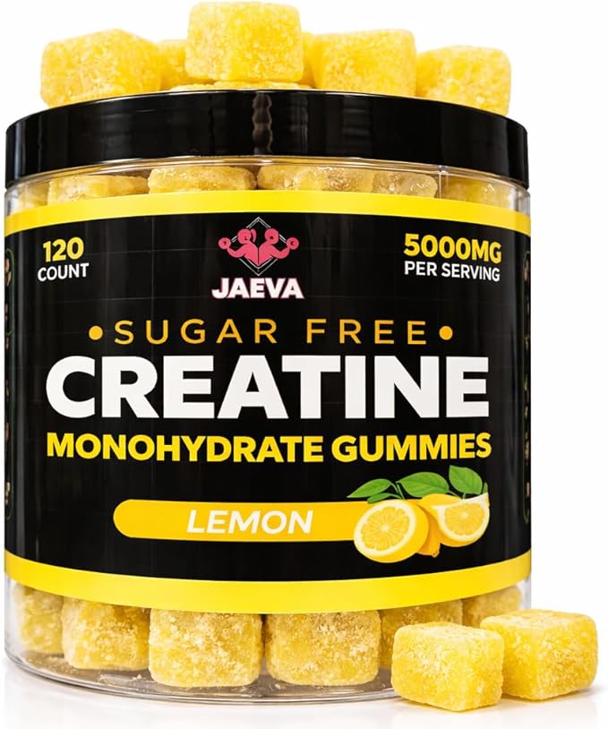 Jaeva Sugar Free Creatine Monohydrate Gummies 5g 5000mg for Men &amp Women Lemon - 120 Count Pre Workout Chews for Energy Boost for Building Muscle and Strength Vegan Non-GMO- 3rd Party lab Tes