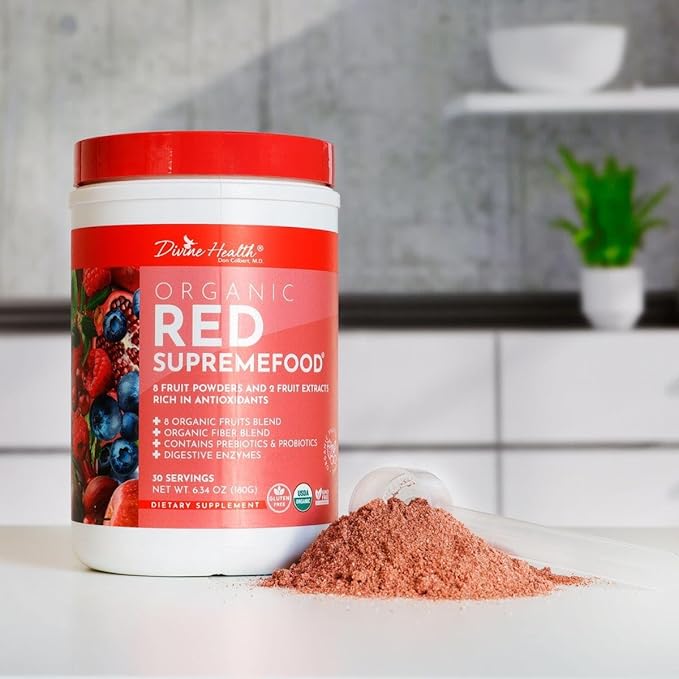 Dr. Colbert MD Organic Red Supremefood | Berry Flavored Blend | by Divine Health | 10 Organic Fruits | Probiotics | Enzymes | Herbs | Fiber | Antioxidants | Non-GMO | 30 Day Supply | 180g