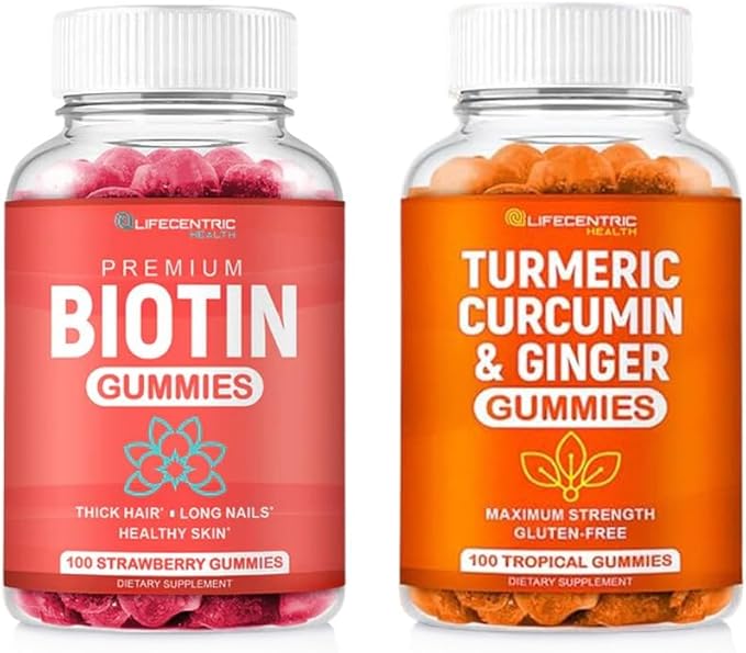Biotin &amp Turmeric Vegan Gummies Combo | Max Strength Hair Growth Skin Health and Overall Wellness | 10000mcg Biotin &amp 95% Standardized Turmeric Curcumin | Natural Non-GMO and Gluten-Free Su