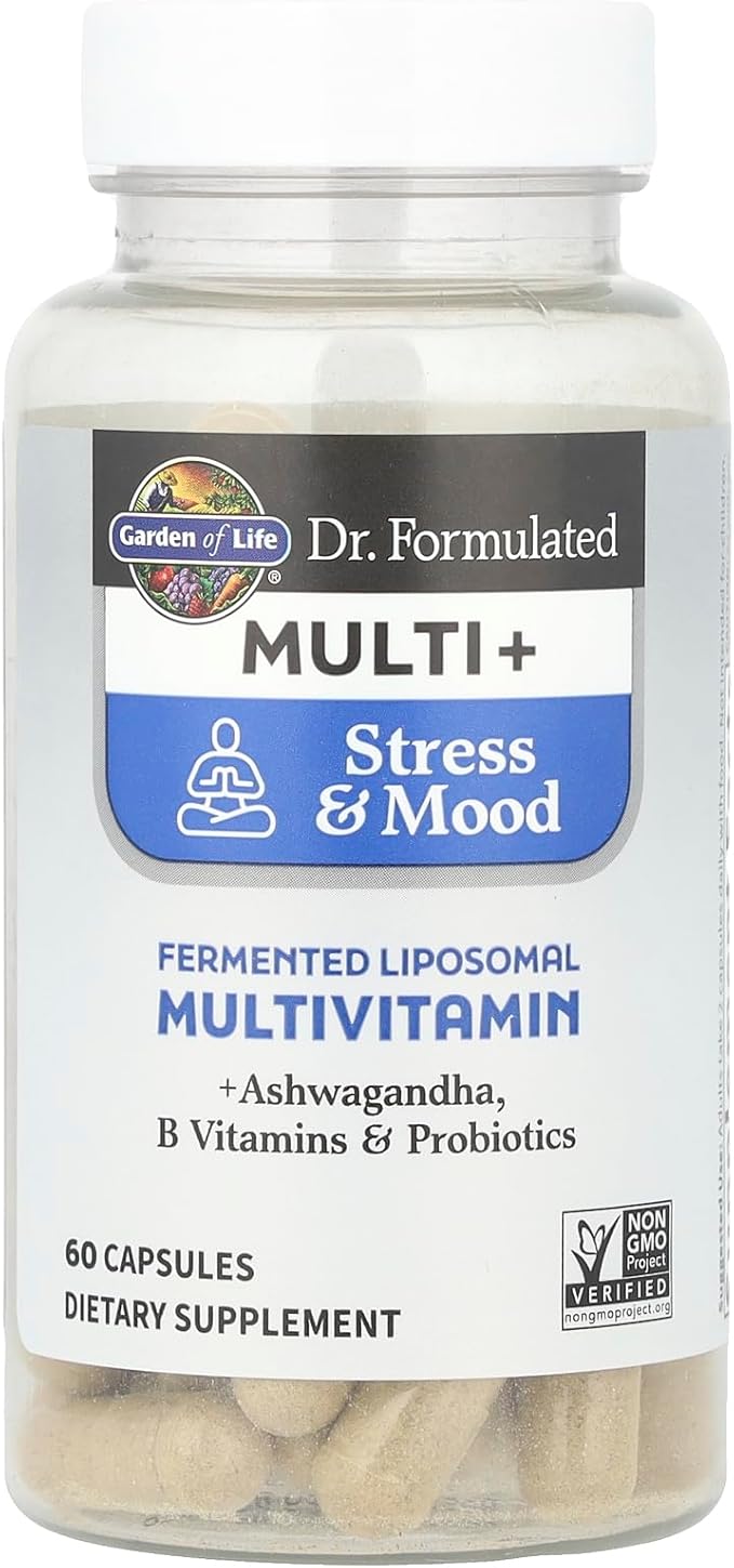 Garden of Life Dr. Formulated Multi+ Stress &amp Mood Fermented Liposomal Multivitamin + Ashwagandha B Vitamins &amp Probiotics - 60 Capsules Whole Food Vitamin &amp Mineral Supplement