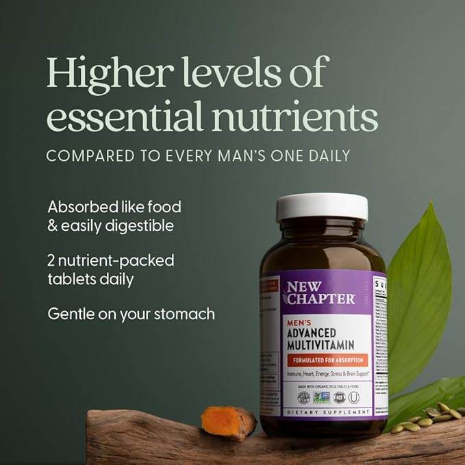 New Chapter Men's Multivitamin Advanced Formula for Stress Brain Immune Heart &amp Energy Support Higher Levels of Whole-Food Fermented Essential Nutrients for Men + Selenium + B Vitamins 120 ct