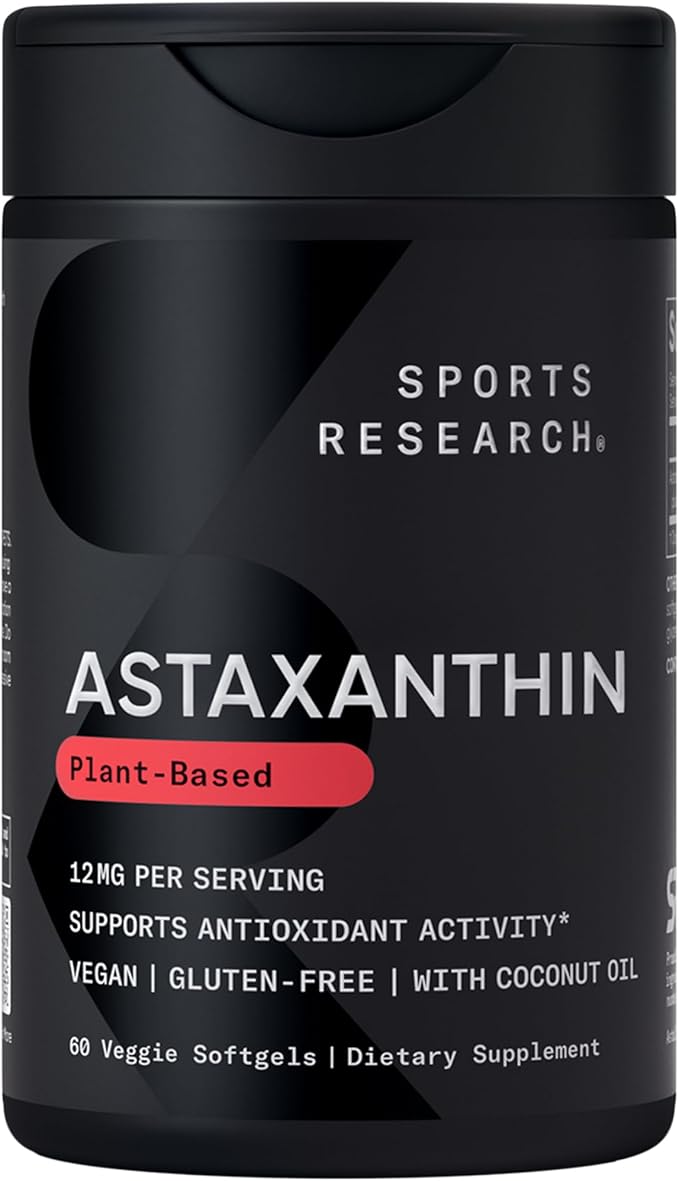 Sports Research Triple Strength Vegan Astaxanthin Supplement from Algae - Plant Based Softgels for Antioxidant Activity Skin &amp Eye Health - Non-GMO Verified Made with Coconut Oil - 12mg 60 Coun