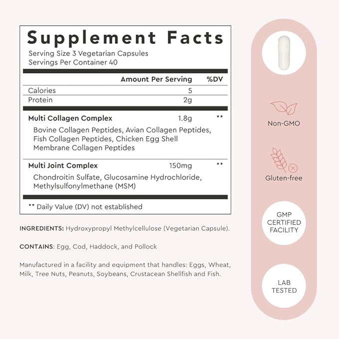 Alaya Naturals Hydrolyzed Multi Collagen Peptides Protein Capsules - Type I II III V X Grass-Fed Bovine Chicken Marine Collagen Supplement with MSM + GC (Capsules - 120 Count)