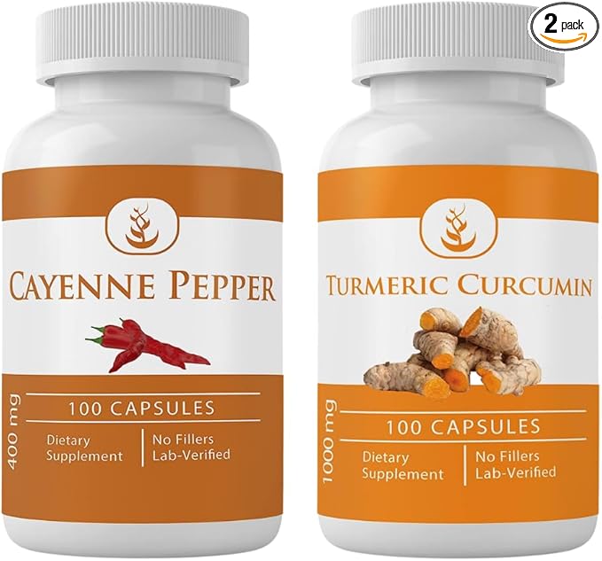 PURE ORIGINAL INGREDIENTS Cayenne Pepper &amp Turmeric Curcumin Capsules Bundle (100 Capsules Each) No Additives or Fillers Lab Verified