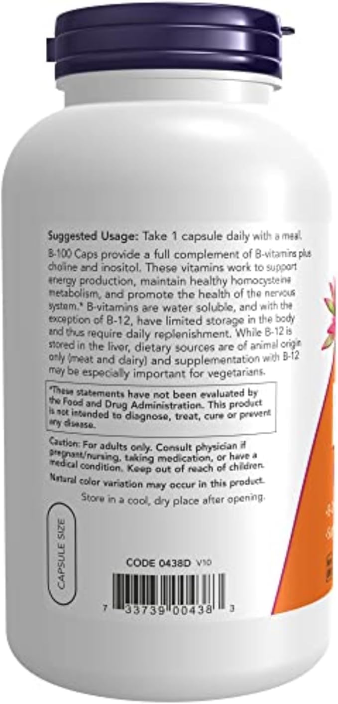 NOW Supplements Vitamin B-100 Energy Production* Nervous System Health* 250 Veg Capsules