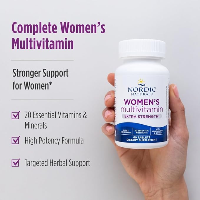 Nordic Naturals Women’s Multivitamin Extra Strength - Skin Hair Energy &amp Bone Support - Immunity Supplement - 20 Essential Nutrients - 60 Tablets - 30 Servings
