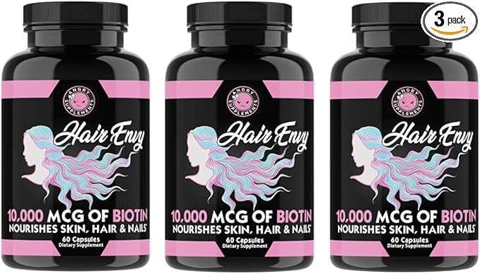 Angry Supplements Hair Envy 10000 mcg Biotin + Keratin Grow + Hydrate Hair Strengthen Thicken Nails Clear &amp Nourish Skin – Help Damaged Thinning Hair (3-Bottles)