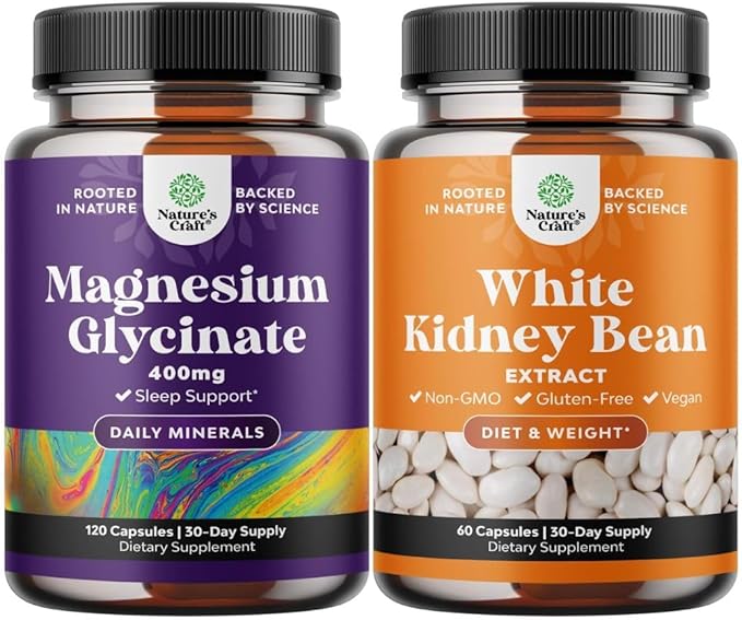 Bundle of Pure Magnesium Glycinate Supplement 400mg Per Serving for Mood Sleep and Relaxation Support and White Kidney Bean Extract Carb Blocker for Metabolism Boost &amp Ease Calories from Starchy F