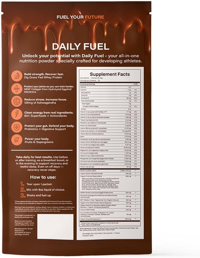 THREAD Performance Daily Fuel - Chocolate Brownie | All-in-One Sports Nutrition for Young Athletes | 21g Protein 60+ Organic Superfoods Vitamins &amp Minerals | 30 Servings