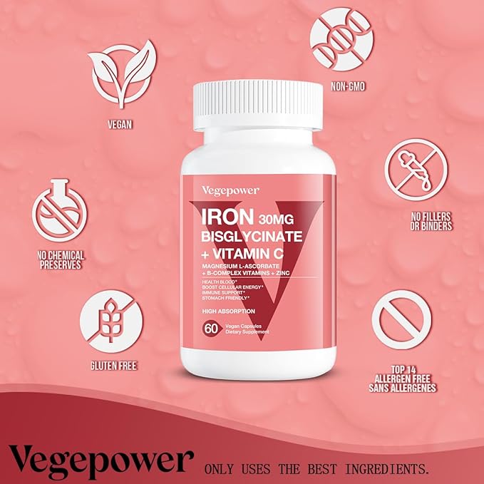 Vegan Iron Gummies Strawberry Plus Iron Bisglycinate 30MG | Vegan Iron Supplement Support for Blood Healthy &amp Daily Energy for Adults &amp Kids - 90 Count+60 Count