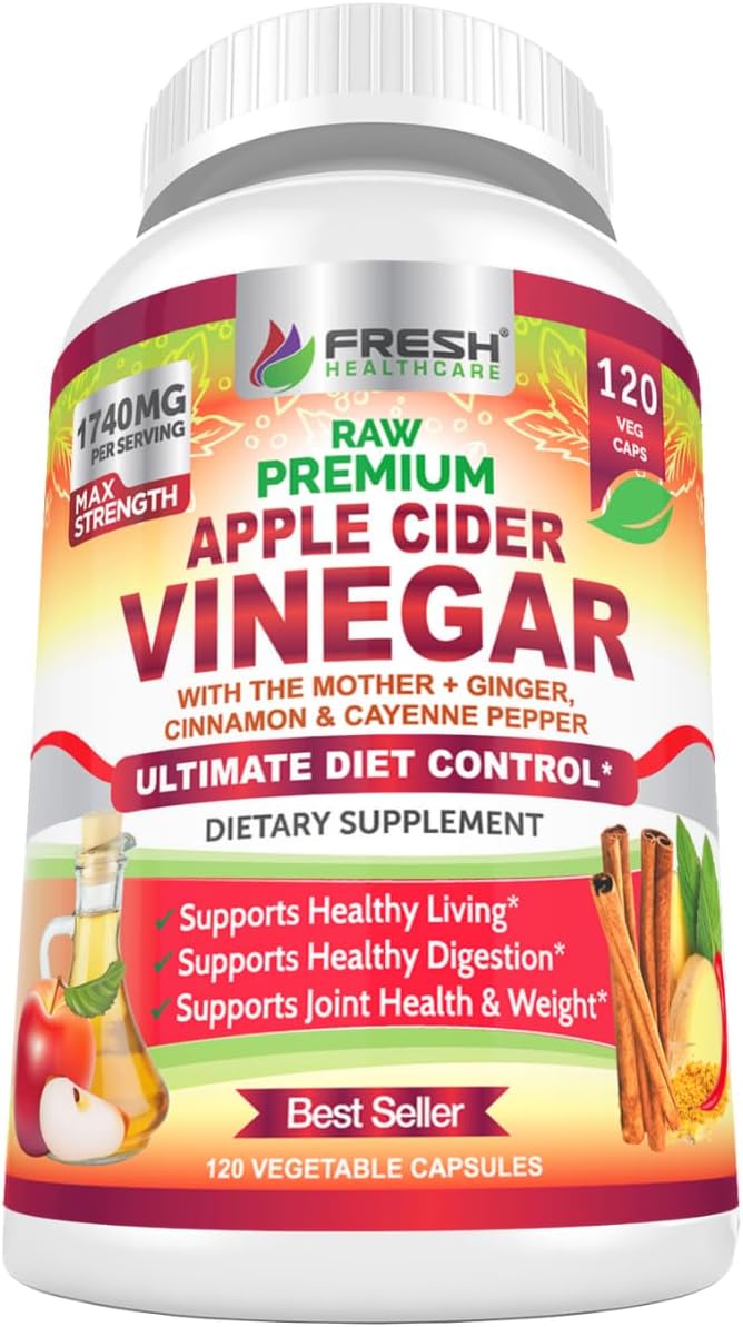FRESH HEALTHCARE Apple Cider Vinegar Capsules with The Mother - 1740mg Non-GMO Gluten Free ACV Complex with Ceylon Cinnamon Ginger &amp Cayenne for Digestion Support &amp Healthy Living - 120 Vegan
