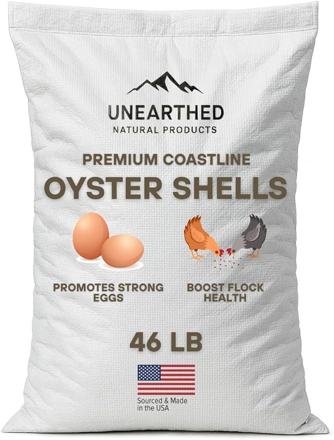 Unearthed Premium Oyster Shell Calcium Supplement for Poultry – 46lb Bulk Bag – USA-Sourced Feed-Grade Oyster Shells for Strong Eggshells Healthy Chickens Ducks &amp Game Birds