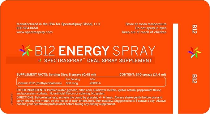 Spectraspray Vitamin B12 Spray Vitamins - 3 Pack Oral Essential Vitamin Kit 30 Day Supply per Spray