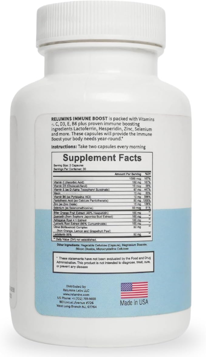 Relumins Immune Boost – Daily Wellness Blend with Vitamin C D3 Zinc Selenium &amp Natural Extracts Including Quercetin &amp Turmeric – 60 Capsules