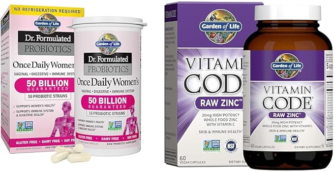 Garden of Life &amp Zinc Supplements 30mg High Potency Raw Zinc and Vitamin C Multimineral Supplement Vitamin Code/Trace Minerals &amp Probiotics for Skin Health &amp Immune Support 60 Vegan Caps