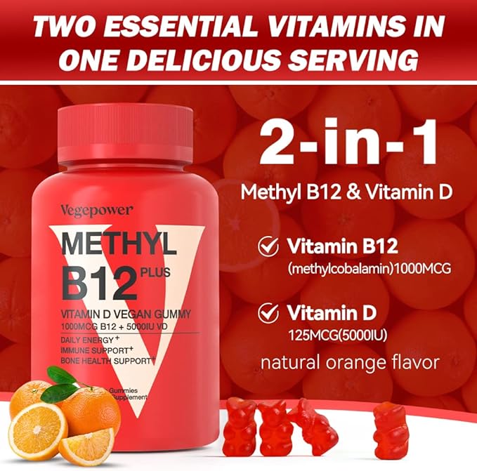Vegan Iron Gummies + vitamin B12 gummy | Iron Supplement Support Blood Builder &amp Daily Energy for Adults &amp Kids | Methyl B12 1000 mcg &amp Vitamin D 5000 IU for Energy and Immune Support - 90