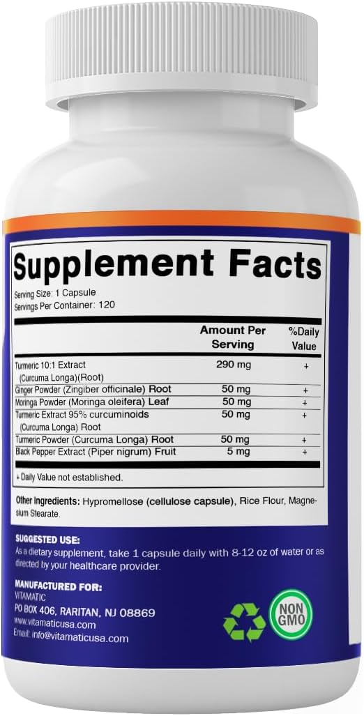 Vitamatic 810078475422 Turmeric Curcumin Supplement – Plant-Based Botanical Extract with Black Pepper Ginger &amp Moringa – Vegetarian Non-GMO Gluten-Free – 120 Capsules - 3 Pack (360 Capsules)