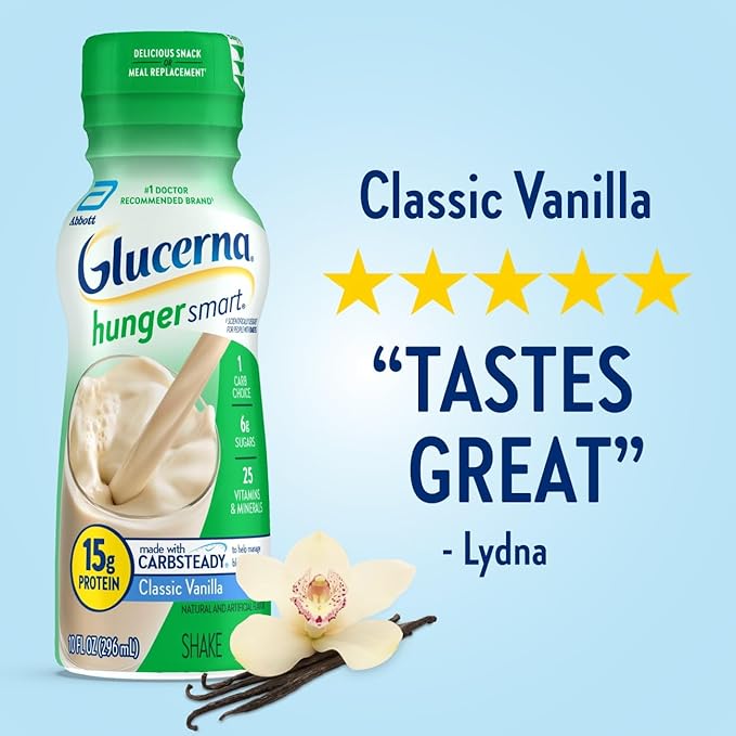 Glucerna Hunger Smart Diabetes Care Shake Classic Vanilla Diabetic Meal Replacement to Support Blood Sugar Management 15g Protein 180 Calories Ready to Drink 10 Fl Oz 24 Pack