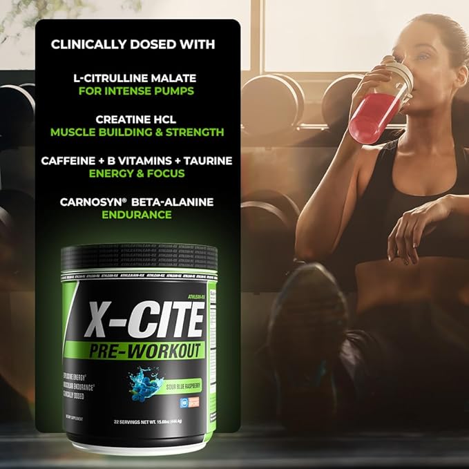 X-CITE Pre-Workout by ATHLEAN-X - Enhanced Formula with Beta-Alanine Creatine &amp Caffeine for Ultimate Energy Endurance Focus &amp Muscle Pump NSF Certified for Sports (Sour Blue Raspberry)