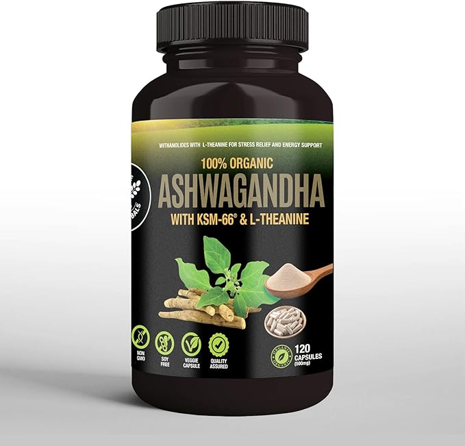 Organic Ashwagandha Capsules 500 mg with KSM-66® &amp L-Theanine 120 Veggie Capsules – Non-GMO Gluten-Free Soy-Free – Withania Somnifera Herbal Supplement