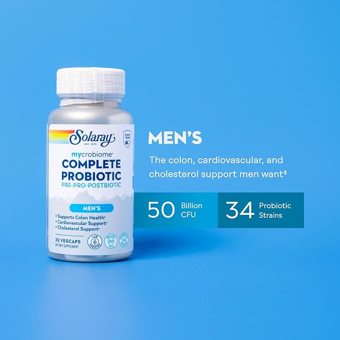 SOLARAY Mycrobiome Complete Probiotic Men's Formula - Pre and Probiotics for Men Plus Postbiotic - Digestive Health and Immune Support - 50 Billion CFU 26 Strains - Vegan - 30 Servings 30 VegCaps