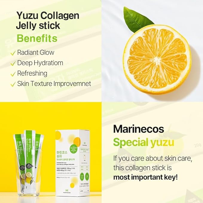 Yuzu Collagen Jelly Stick ㅣ Korean Citrus Beauty Supplement ㅣ Marine Collagen Peptide 3000mg ㅣ Skin Vitality &amp Hydration ㅣ No Sugar Added ㅣ Portable Stick Type