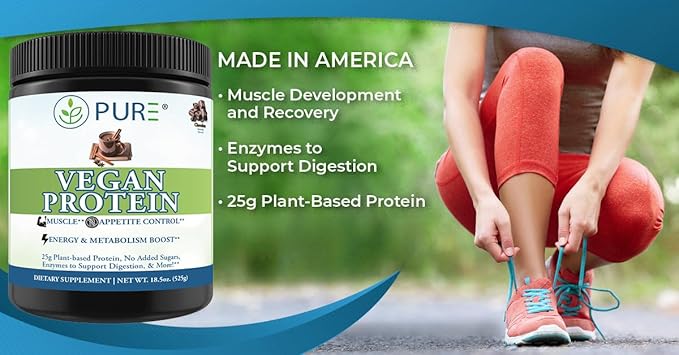 PURE® Vegan Protein Powder - 25g Plant Based Protein 15 Servings - Pea &amp Mung Bean Blend with Digestive Enzymes - Dairy-Free - Muscle Recovery &amp Appetite Control - Strawberry 495 Grams