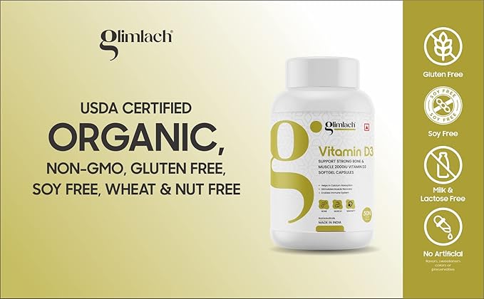 GLIMLACH Vitamin D3 50mcg (2000 IU) Vitamin D Immune Support &amp Promotes Calcium (Pack of 5 50 Tablet Each Jar)
