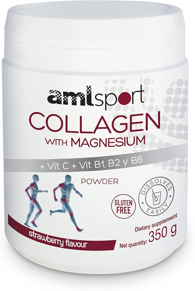 AML Sport - Collagen with Magnesium + VIT C B1 B2 and B6 Powder - 350g (Strawberry Flavour). Tissue Regenerator with Type 1 &amp2 Collagen. Gluten Free. Sugar Free