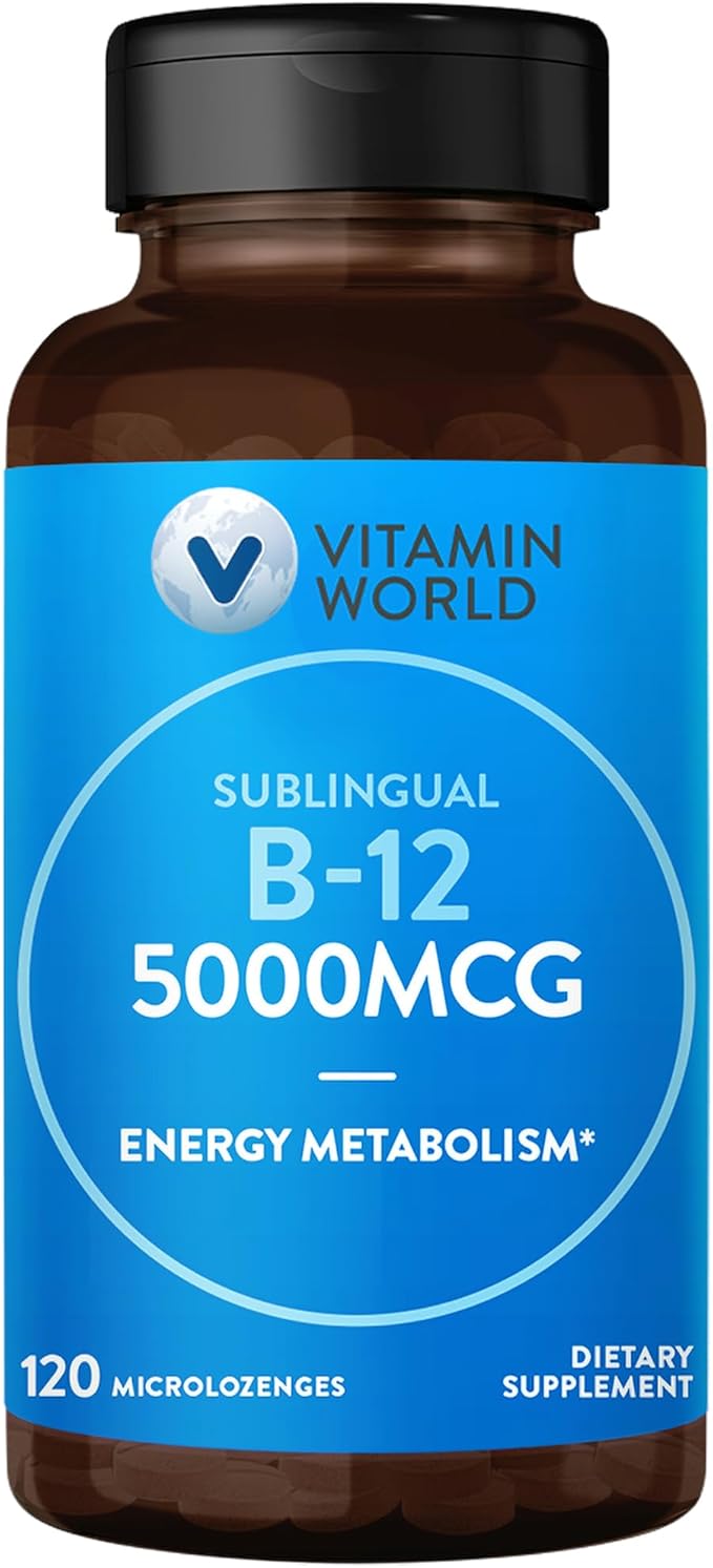 Vitamin World Vitamin B-12 5000 mcg. Sublingual 120 Microlozenges Supports Energy Metabolism Supports Heart Health