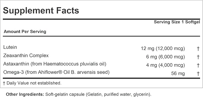 ANDREW LESSMAN Maximum L+Z with Astaxanthin 60 Softgels - 12mg Lutein 6mg Zeaxanthin 4mg Astaxanthin. Key Nutrients to Support Eye and Brain Health and Promote Healthy Vision.