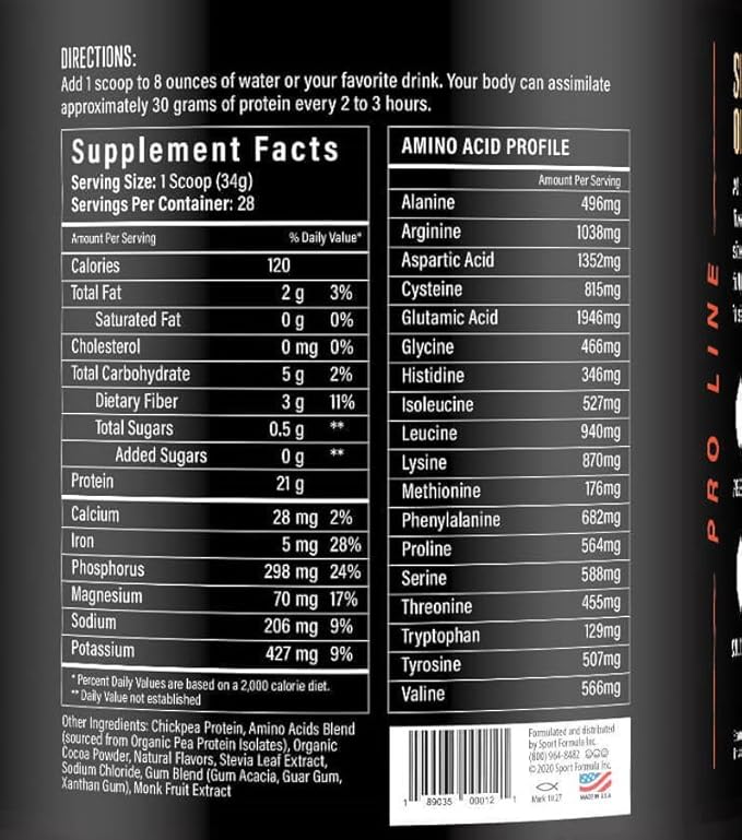 Sport Formula Chickpea Protein Powder Organic and Vegan Plant Based Protein All Natural Protein Powder with Essential Amino Acids Chocolate Flavor only 2 net Carbs with 21 Grams Protein