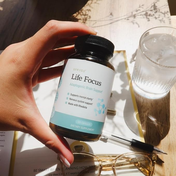 SPRIGS Life Focus Adaptogenic Brain Support Supplement 120 Capsules | Herbal Blend with Organic Rhodiola for the Nervous System Mental Clarity &amp Calm Focus | Non-Stimulating Formula for Steady En