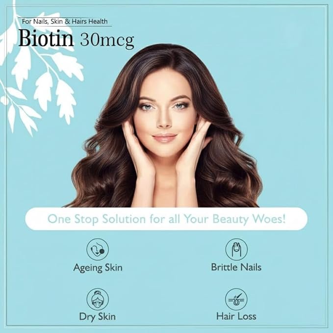 Biotin 30mcg Supplement for Hair Growth Strong Hair and Glowing Skin Fights Nail Brittleness 90 Tablets