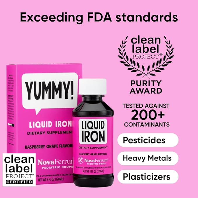 NovaFerrum Yummy | Pediatric Drops Liquid Iron Supplement for Infants and Toddlers | Liquid Iron for Kids | 15mg of Iron Per 1mL Dose | Ages 4 &amp Under | Gluten Free Certified | Sugar-Free | Raspbe