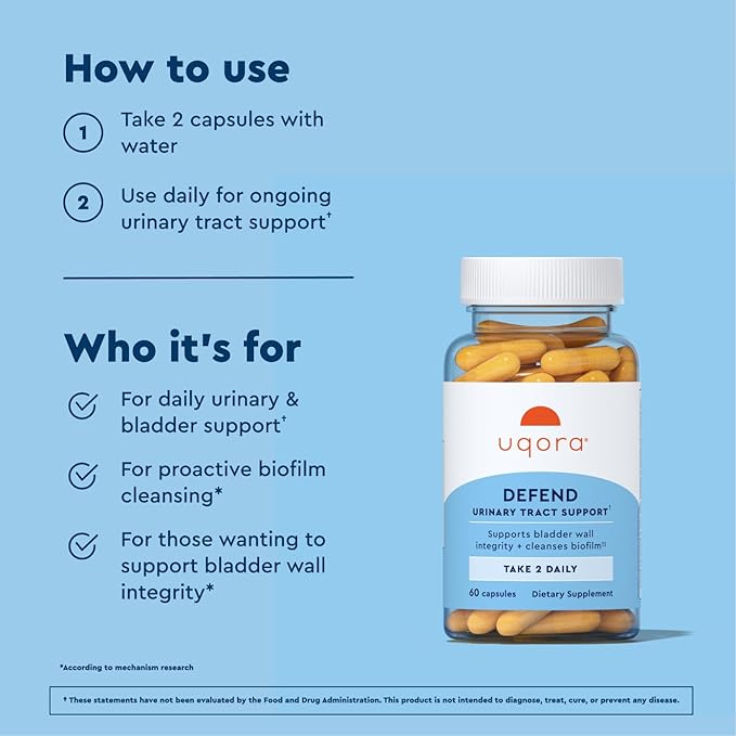 Uqora Defend - Urinary Tract Health Supplement - Support Bladder Health &amp Cleanse Biofilm with D-Mannose Green Tea Extract Turmeric Extract &amp More - Gluten-Free- 60 Capsules- 2 Pack (60-Day