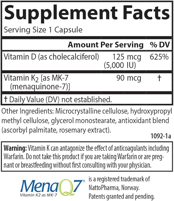 Carlson - Super D3 + K2 125 mcg (5000 IU) Vitamin D3 90 mcg Vitamin K2 as MK-7 Bone Support Calcium Absorption 90 Vegetarian Capsules