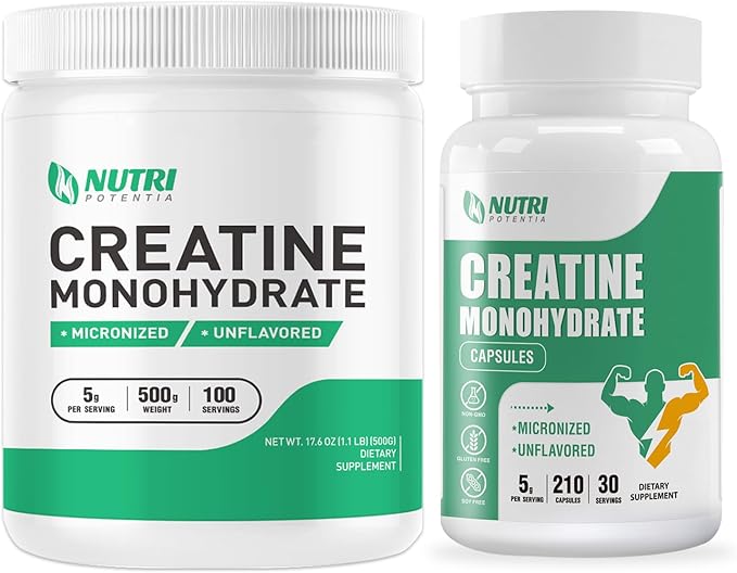 Creatine Monohydrate Powder 500 Grams &amp Creatine Capsules Pure Micronized Creatine Supplements for Building Muscle Pre &amp Post Workout Creatine Powder Non-GMO Unflavored