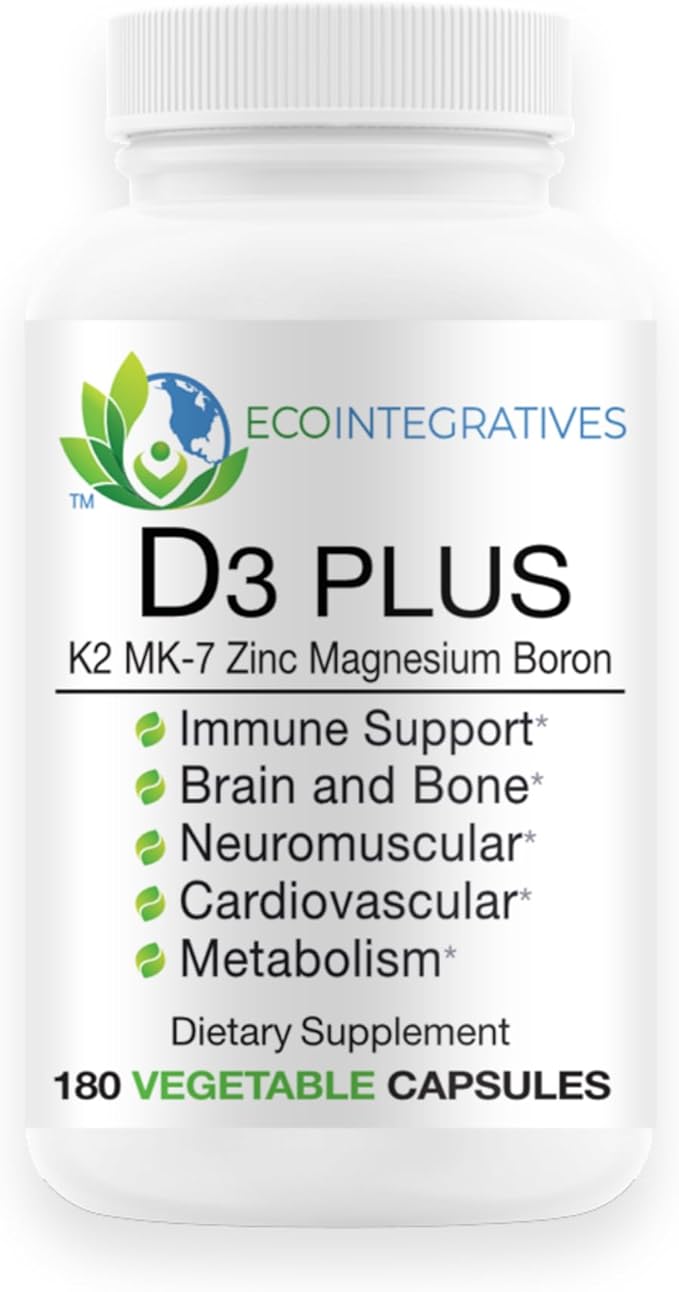 EcoIntegratives Bio-D3 Plus Boron Vitamin K2 Magnesium &amp Zinc-Supports Cardiovascular Nerves Muscles Bone Teeth Gums Immune Health Tissue Repair Balance Hormones Metabolism 180 Vegan caps