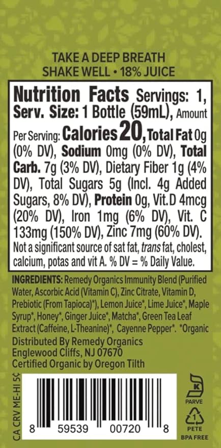 Remedy Organics Immunity Plus Shot Energize Me | Boost Energy Brain Function Detoxification and Metabolism | Brain Juice | Certified-Organic Ingredients 12 Packs