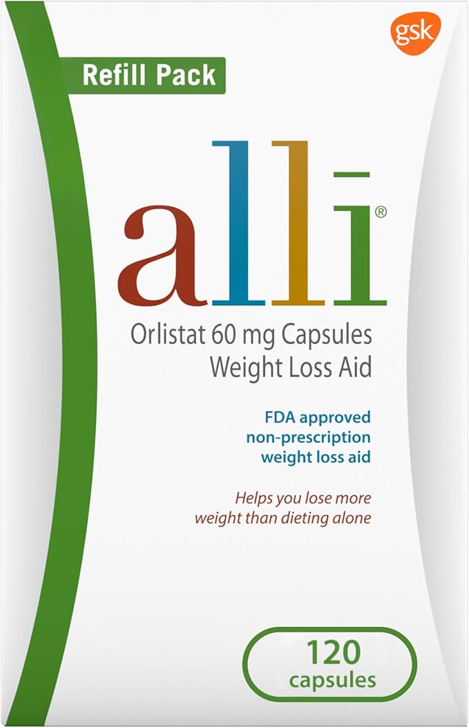 alli Weight Loss Diet Pills Orlistat 60 mg Capsules Non Prescription Weight Loss Aid 120 Count Refill Pack